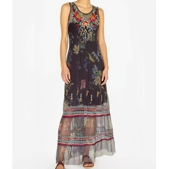 NWOT Johnny Was Embroidered LIYLAY Printed Mesh Maxi Dress Size S Multicolor - Picture 1 of 15